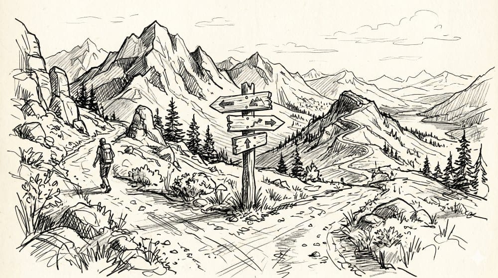 An AI generated image of a person walking on a trail in the mountains